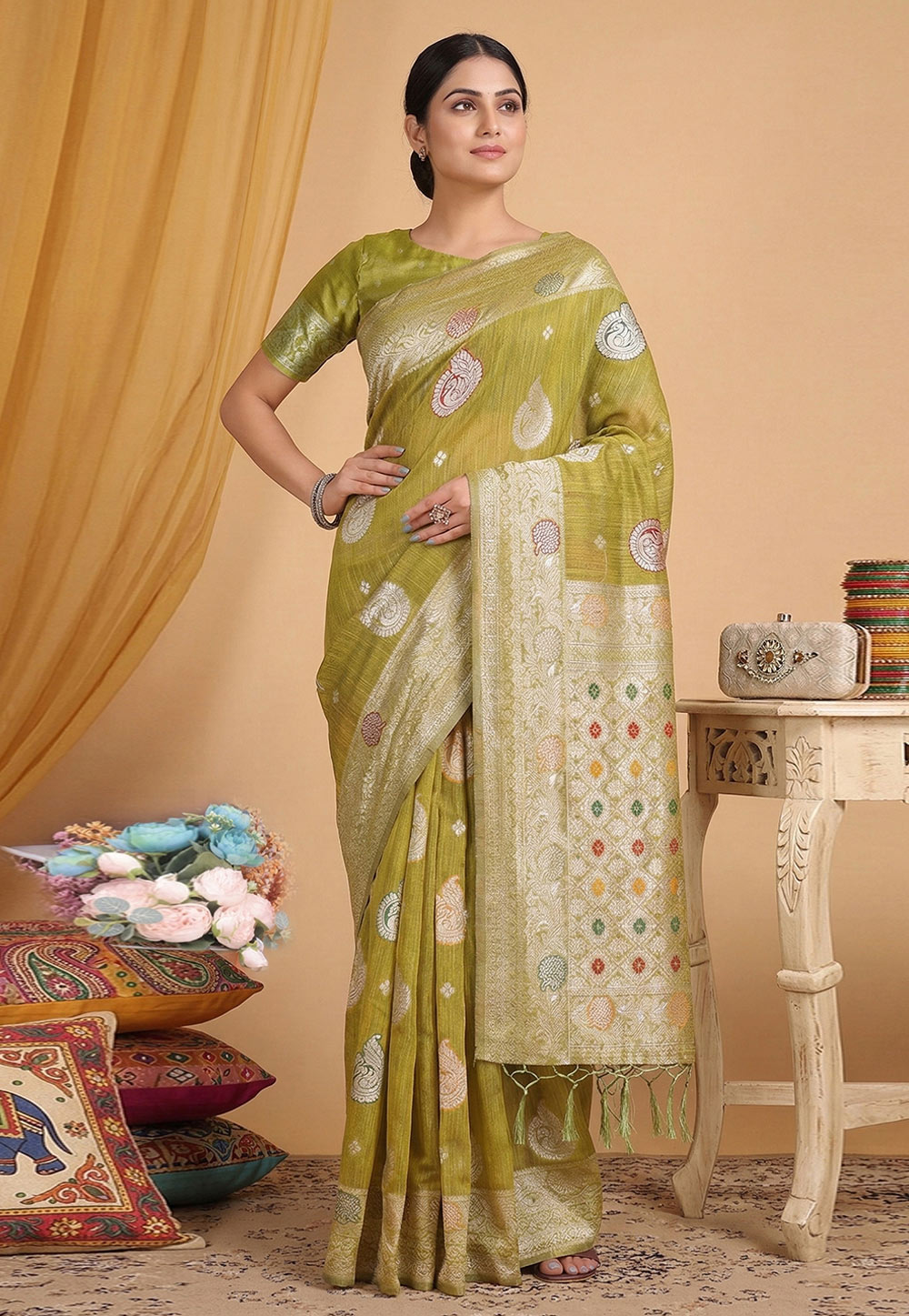 Mehndi Linen Saree With Blouse 326003