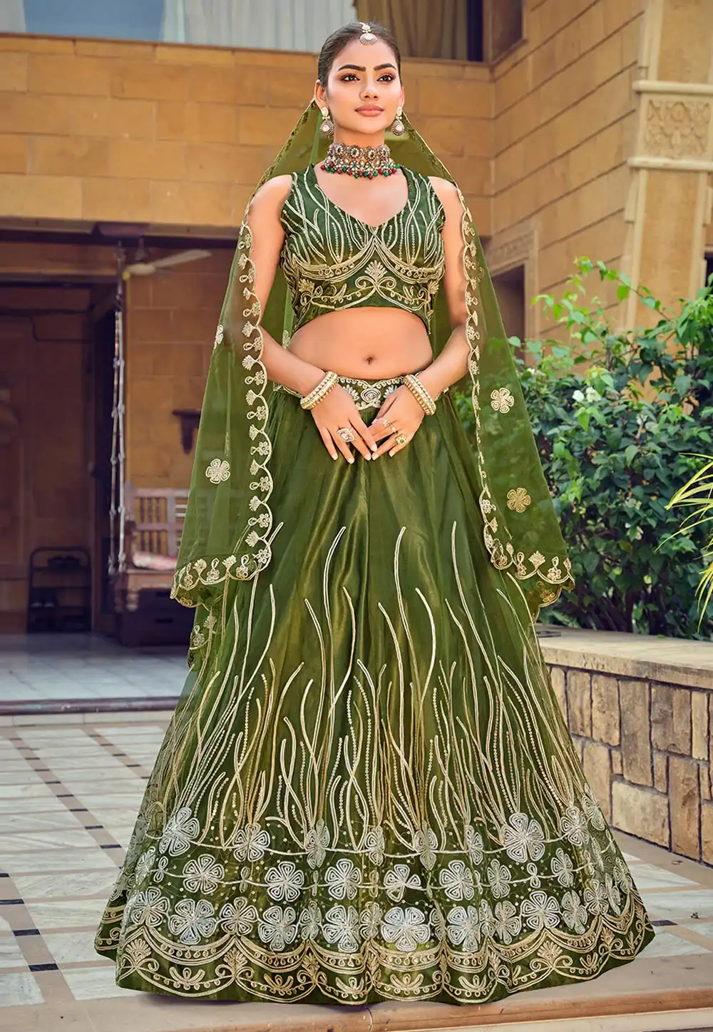 Mehndi Net A Line Lehenga Choli 318839