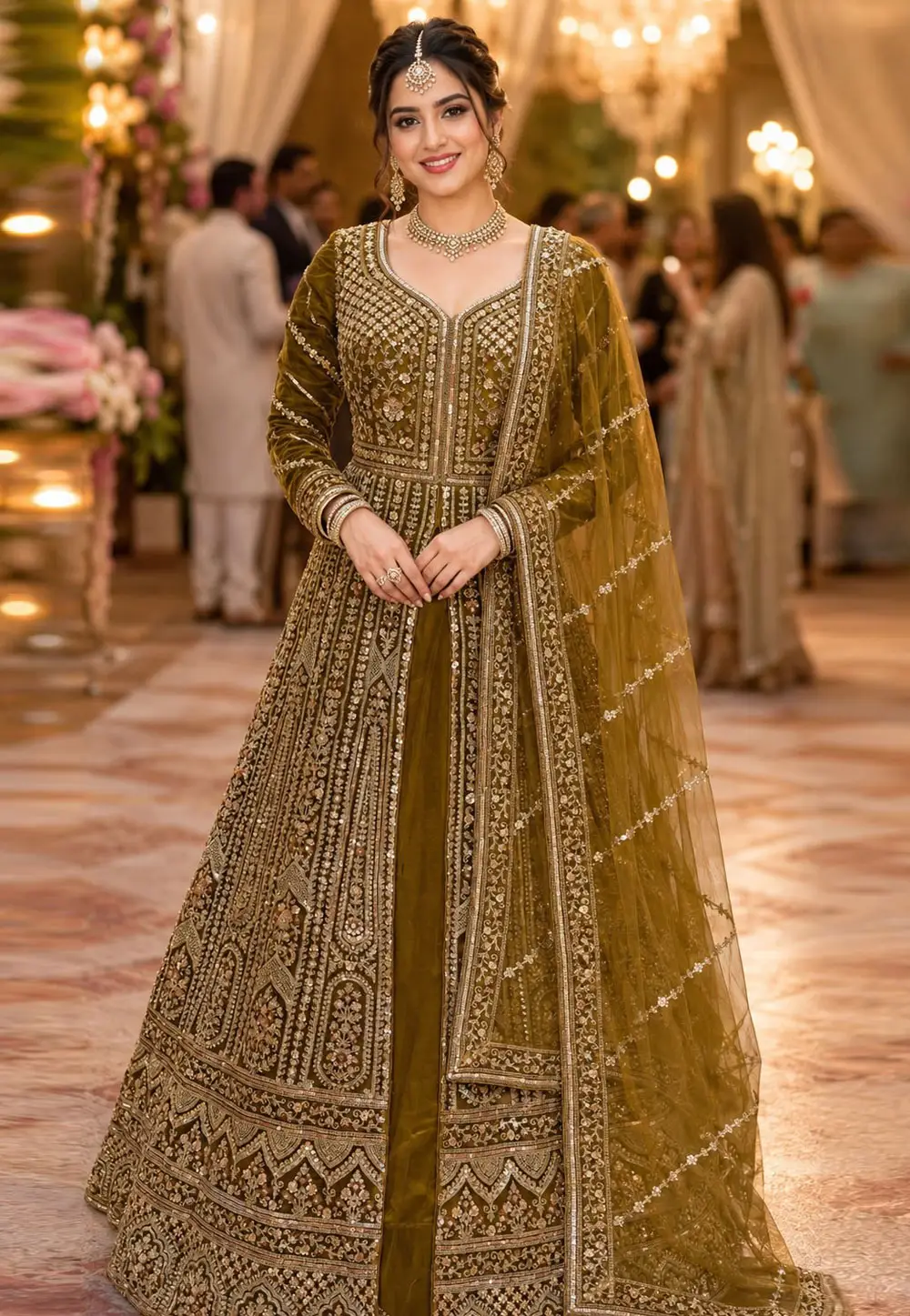 Mehndi Net Anarkali Lehenga Choli 332094