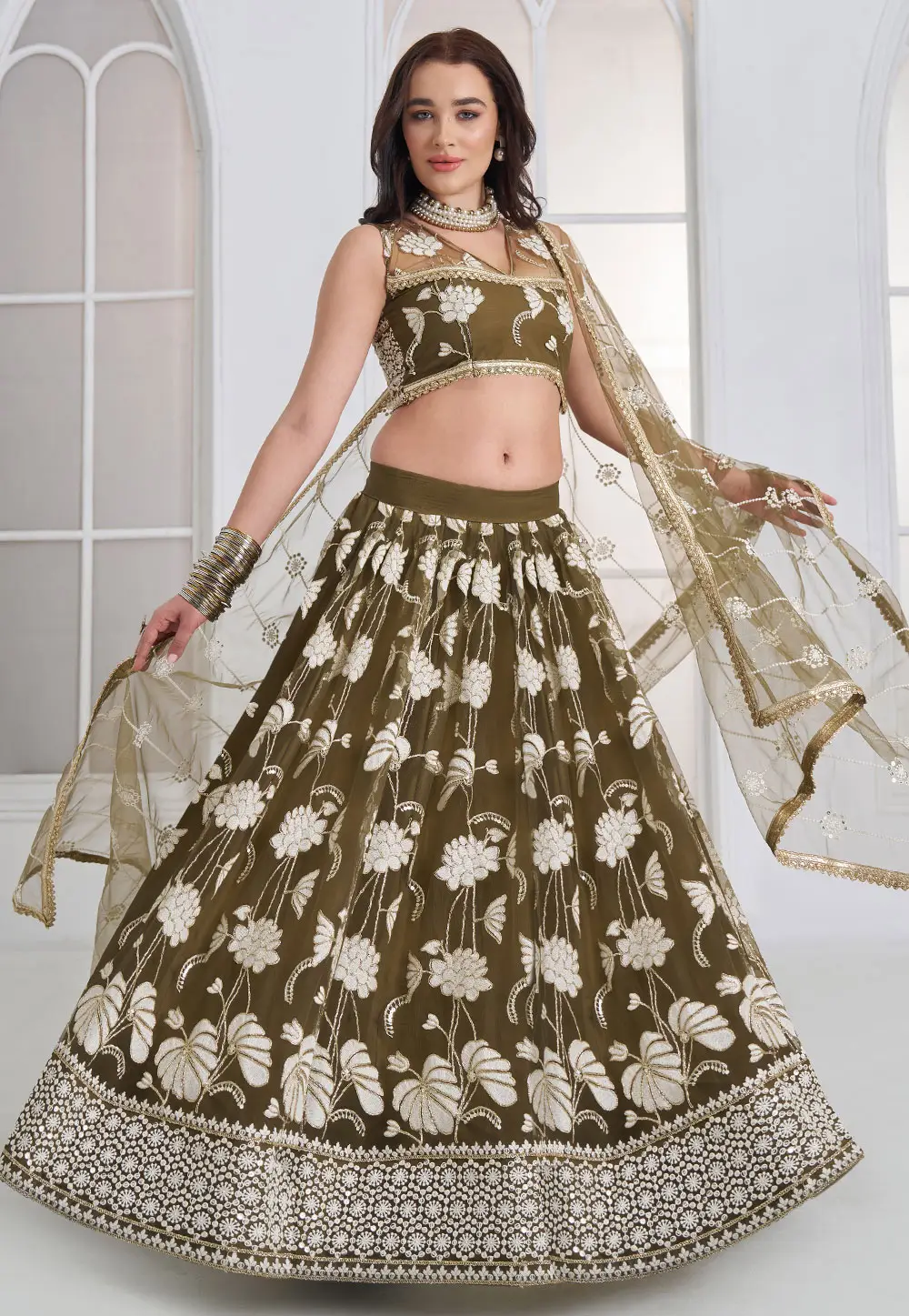 Mehndi Net Circular Lehenga Choli 332998