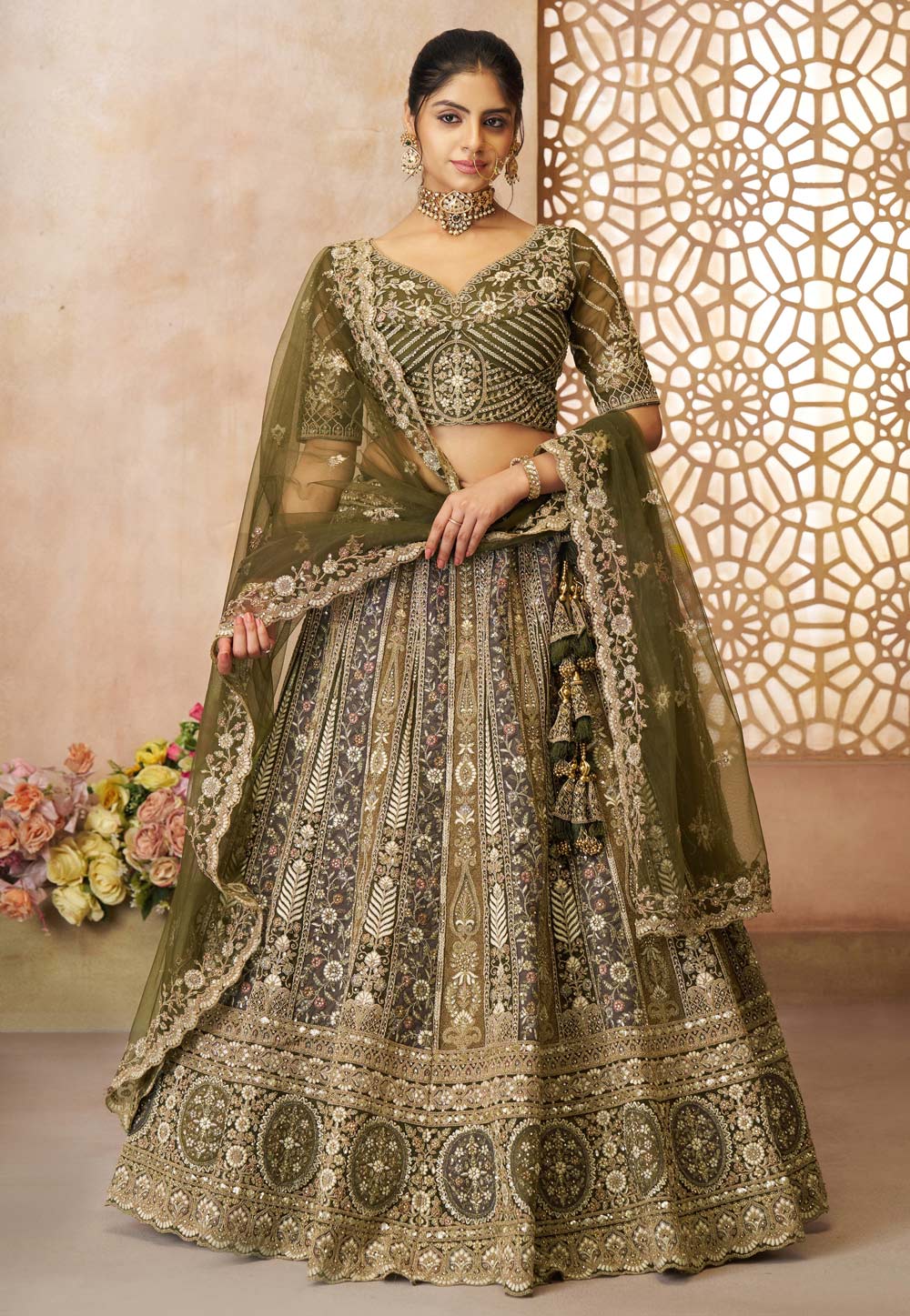 Mehndi Net Circular Lehenga Choli 308993