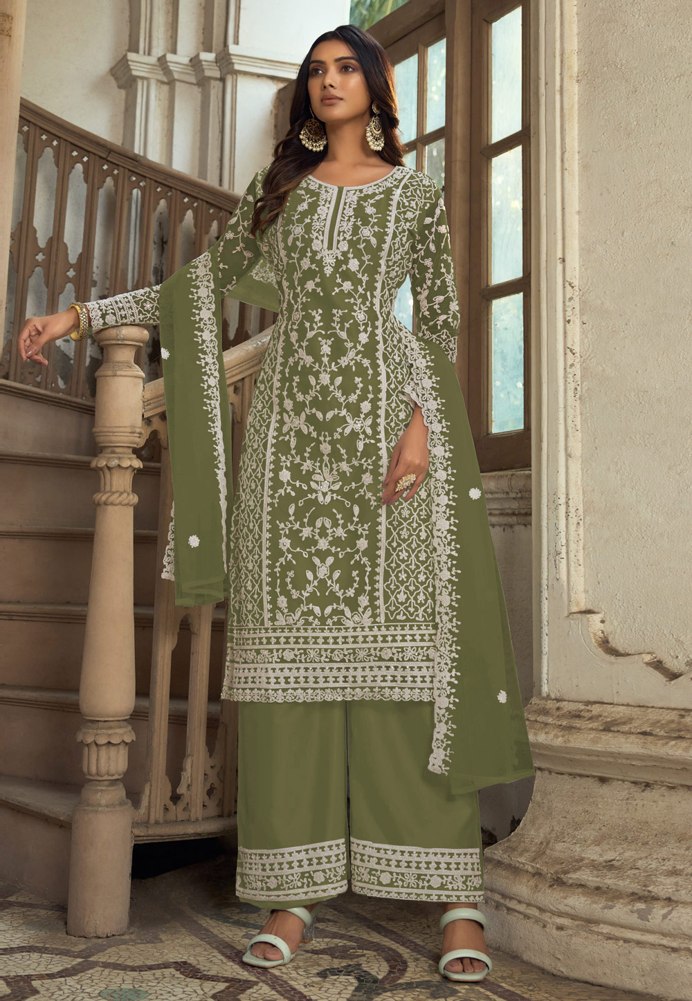 Mehndi Net Embroidered Palazzo Suit 278504