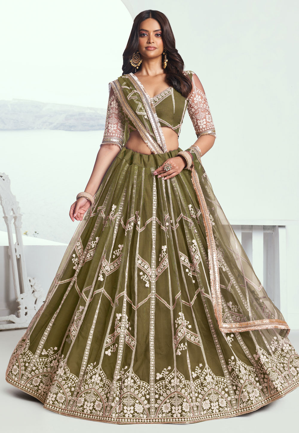 Mehndi Net Lehenga Choli 308448