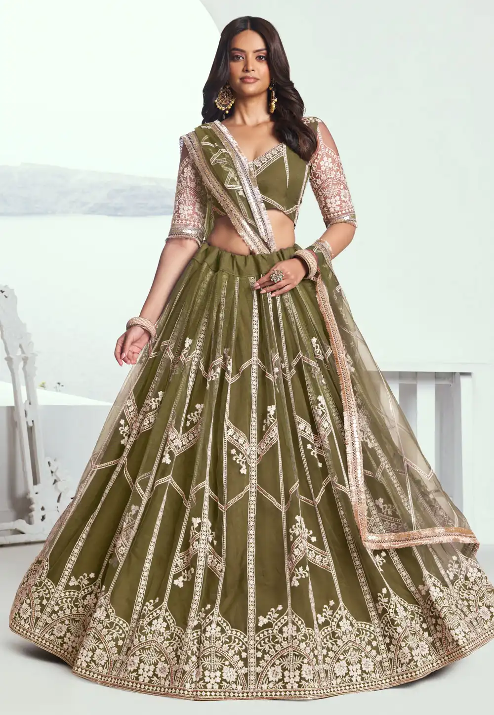 Mehndi Net Lehenga Choli 308448