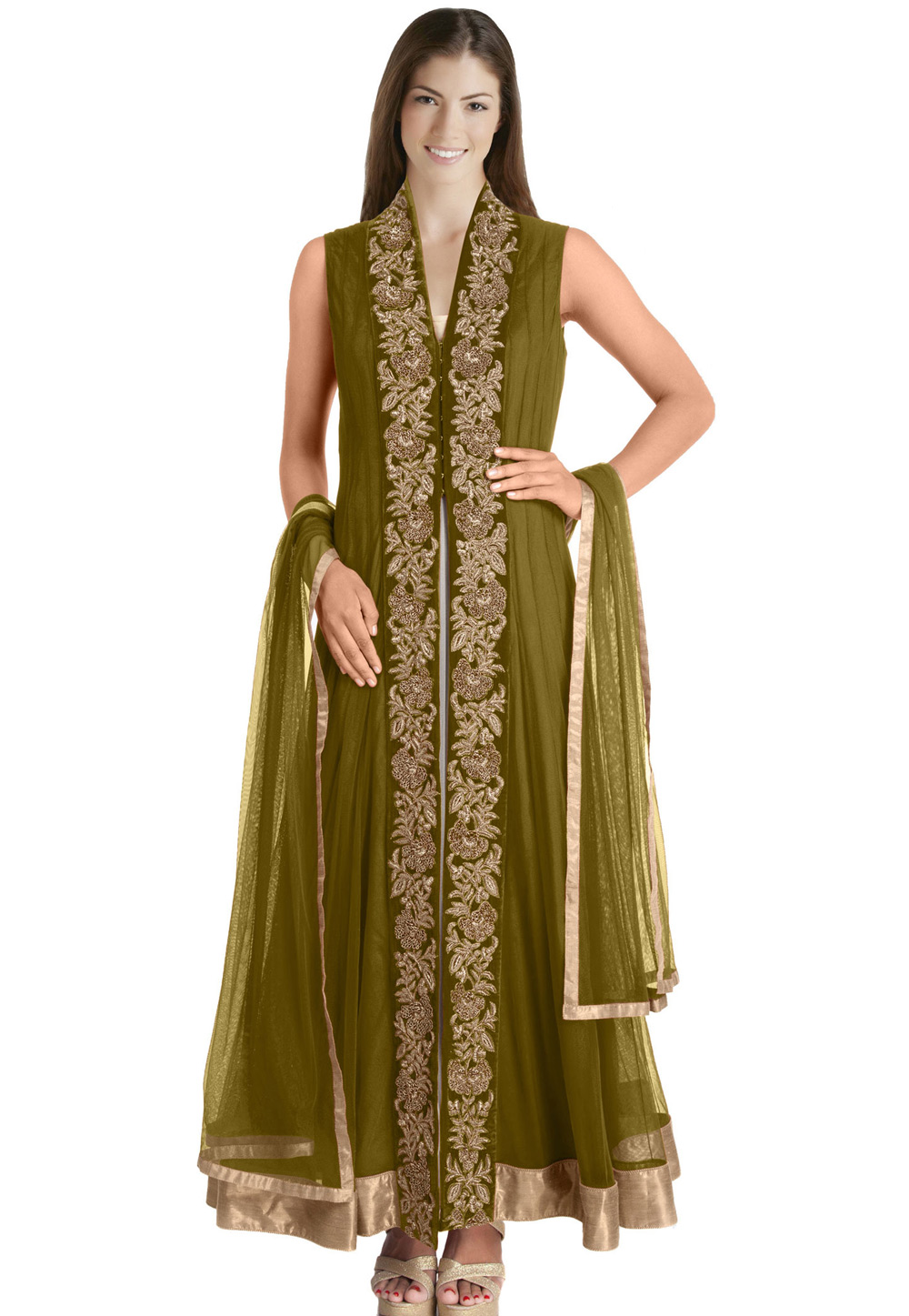 Mehndi Net Readymade Center Slit Anarkali Suit 321768