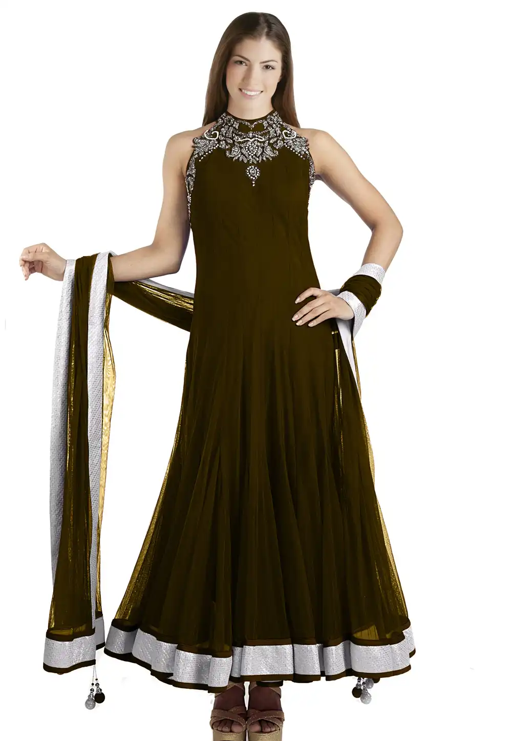Mehndi Net Readymade Long Anarkali Suit 321761