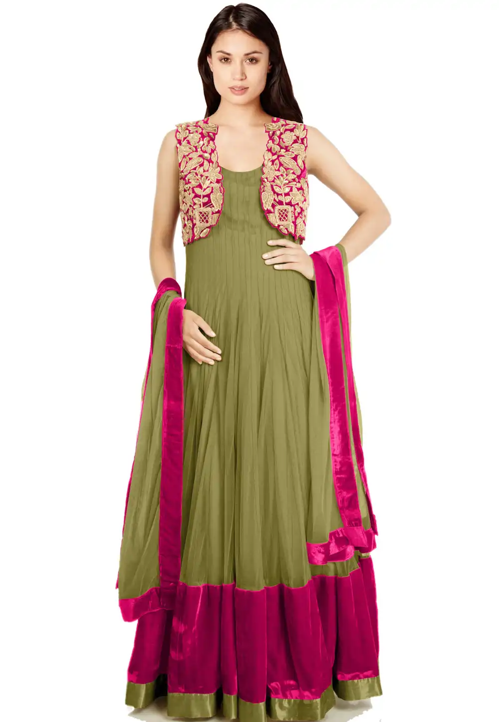 Mehndi Net Readymade Long Anarkali Suit 322197