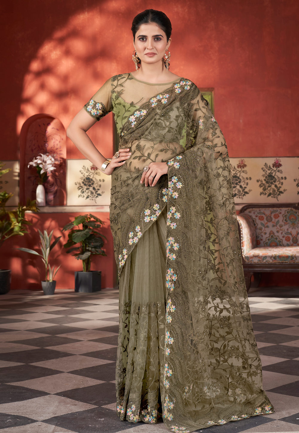 Mehndi Net Saree With Blouse 309837