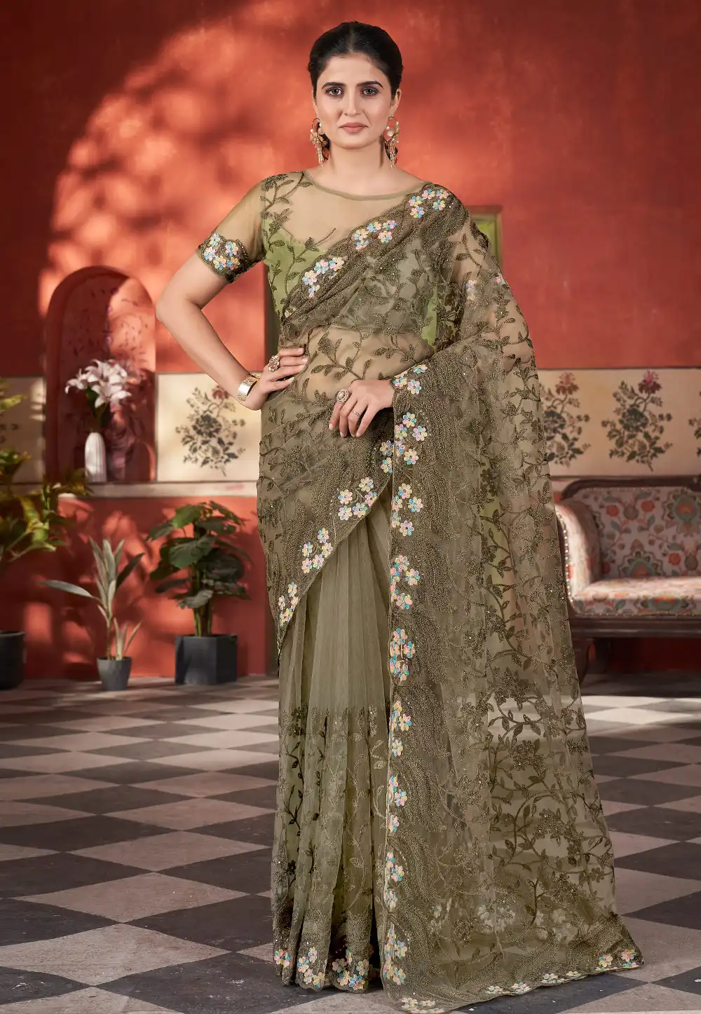 Mehndi Net Saree With Blouse 309837