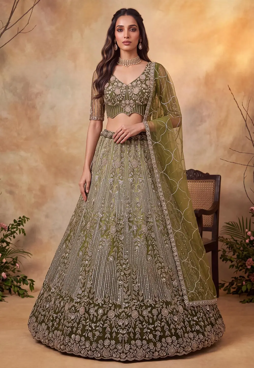 Mehndi Net Wedding Lehenga Choli 335861