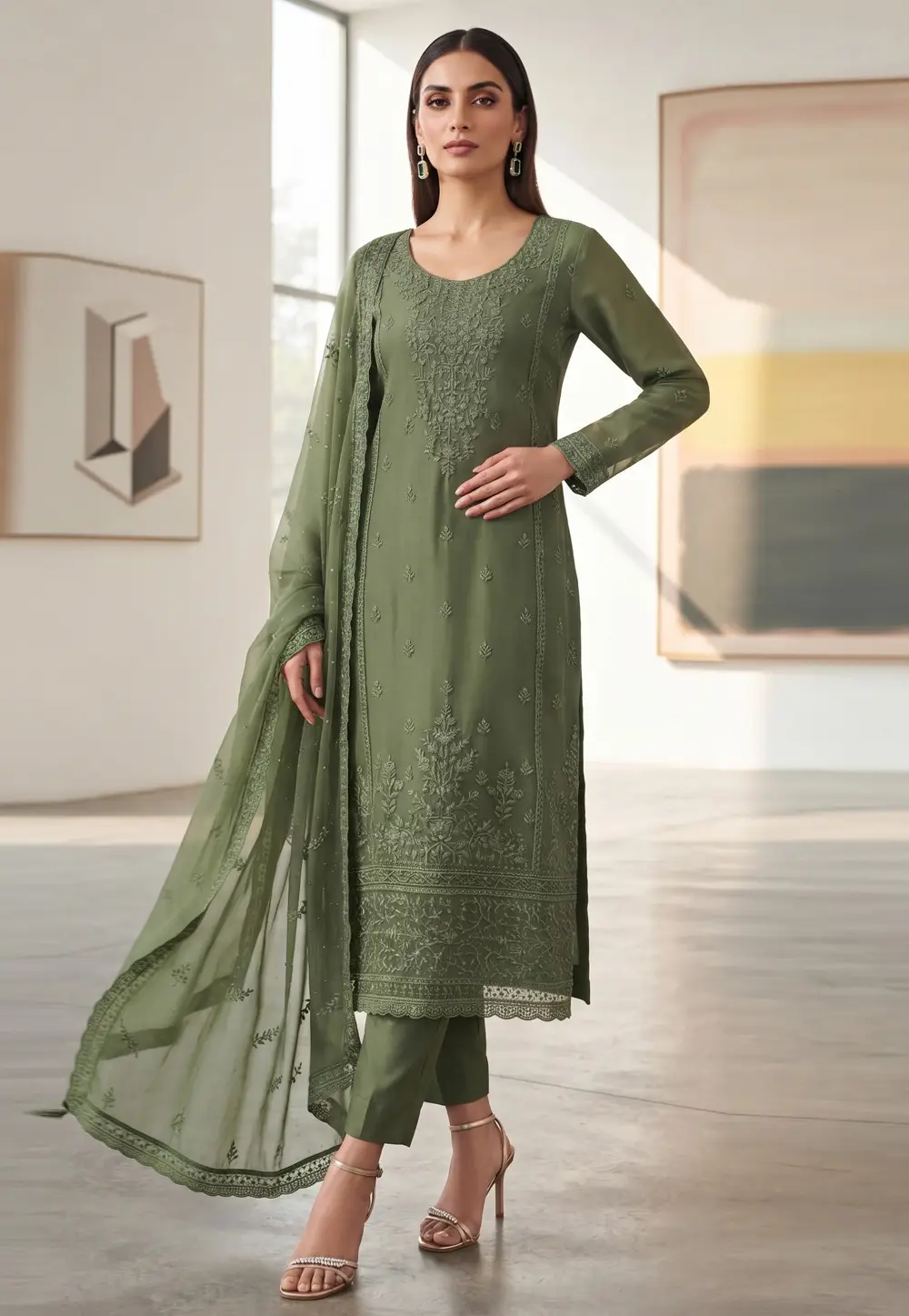 Mehndi Organza Pakistani Suit 332335