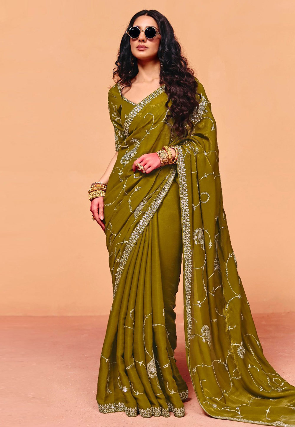 Mehndi Organza Saree With Blouse 326067