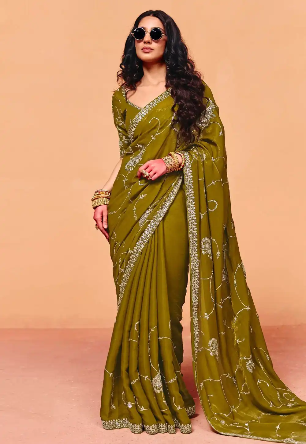 Mehndi Organza Saree With Blouse 326067