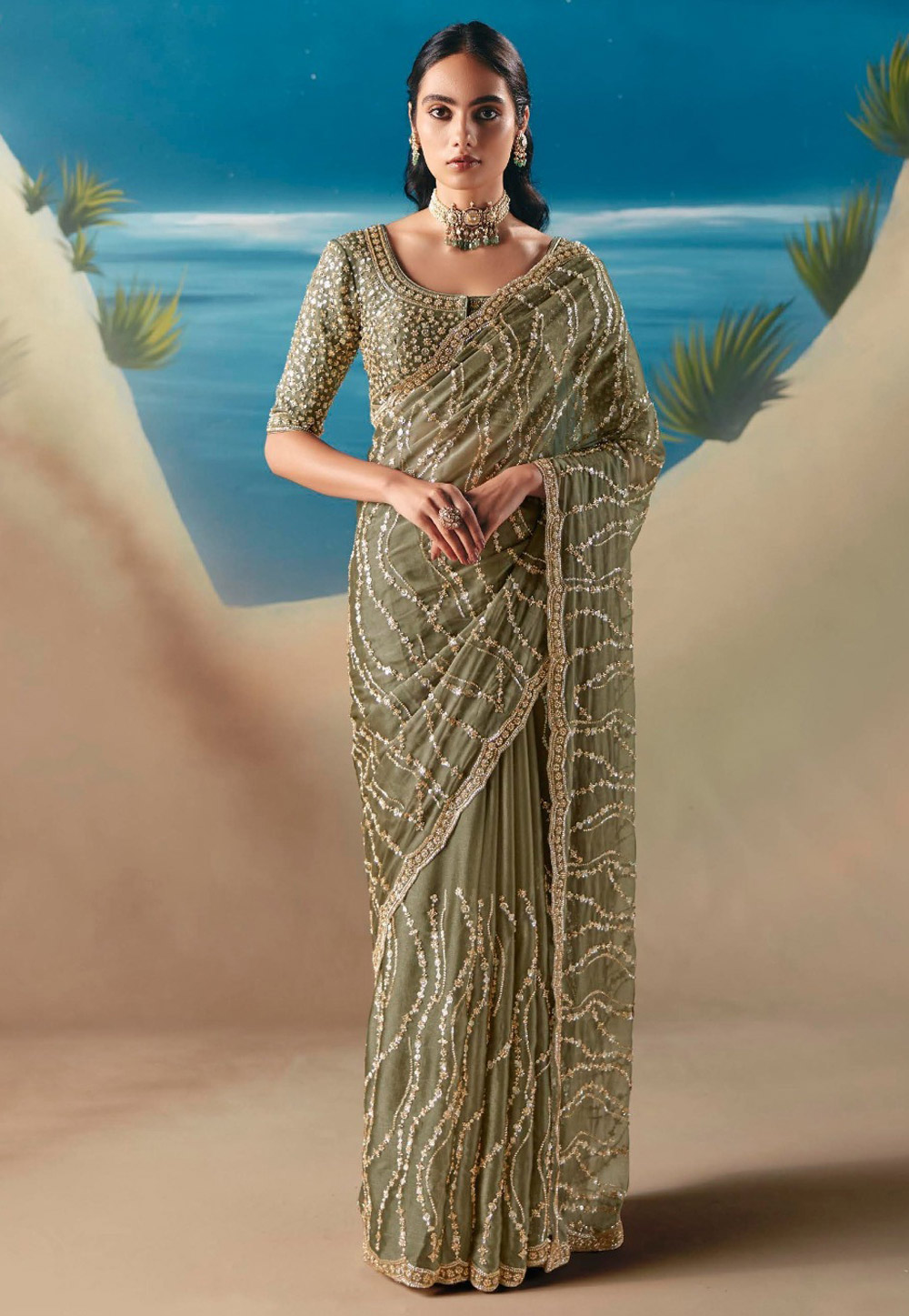 Mehndi Organza Saree With Blouse 318471