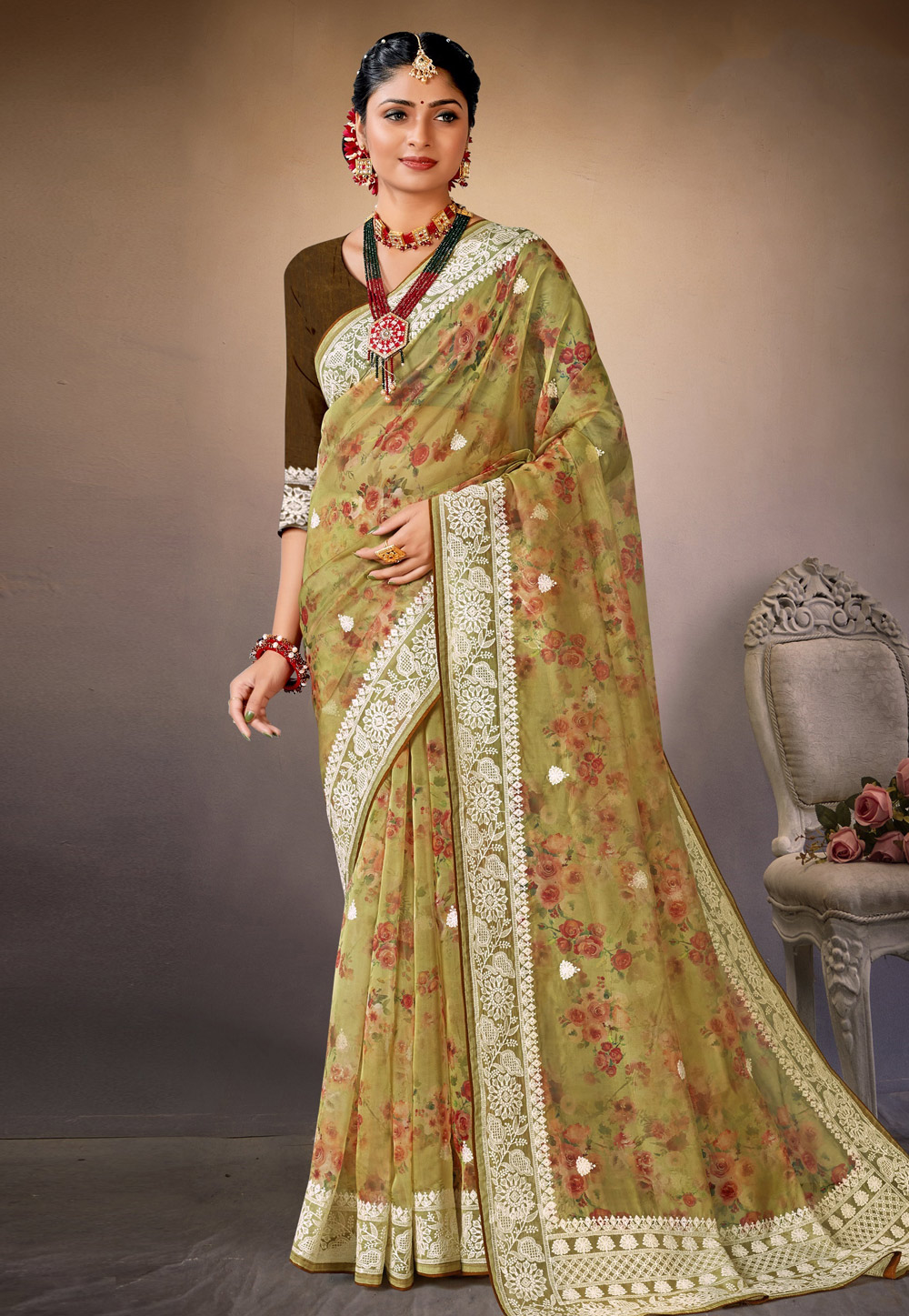 Mehndi Organza Saree With Blouse 278745