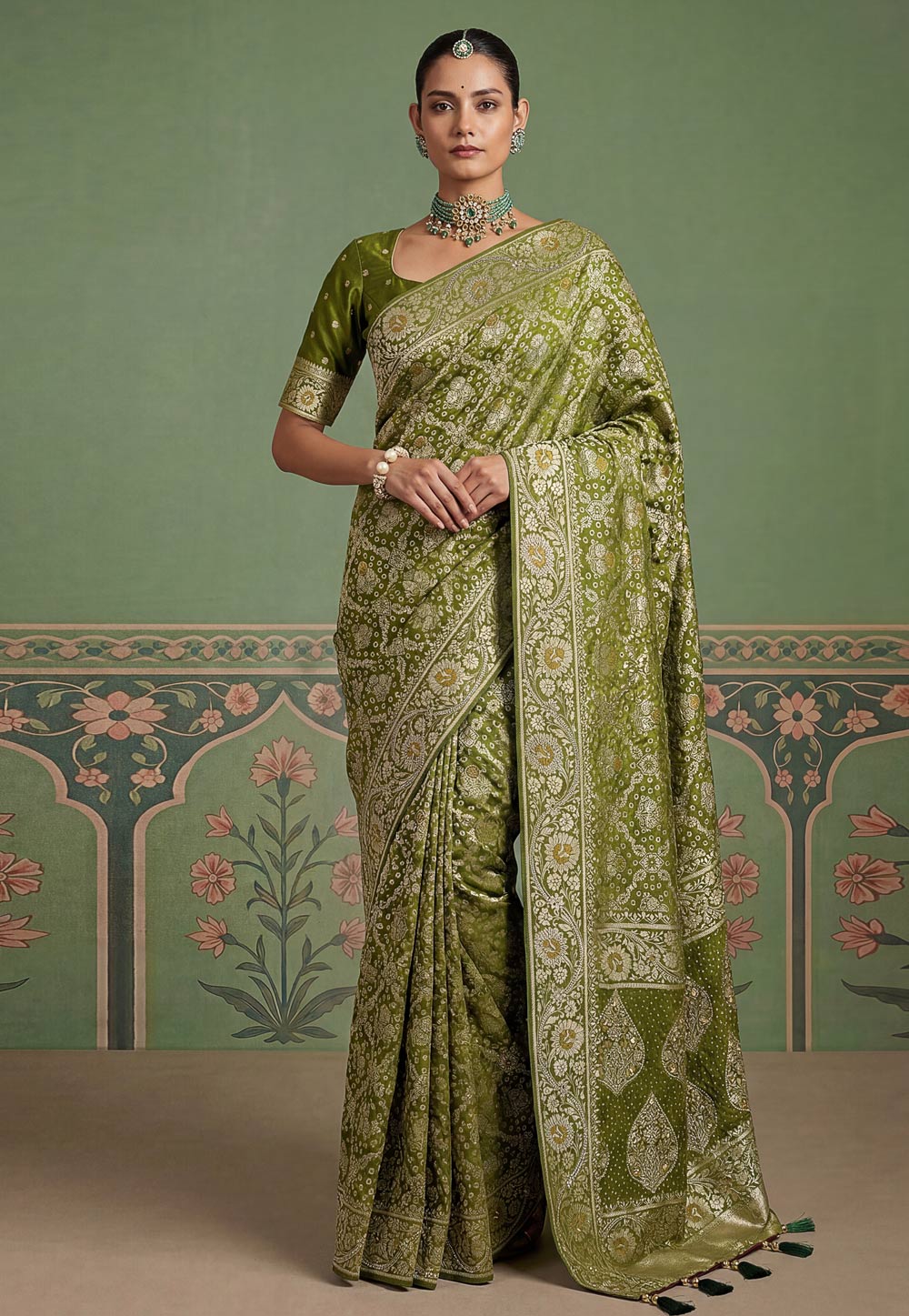 Mehndi Pashmina Saree With Blouse 328850