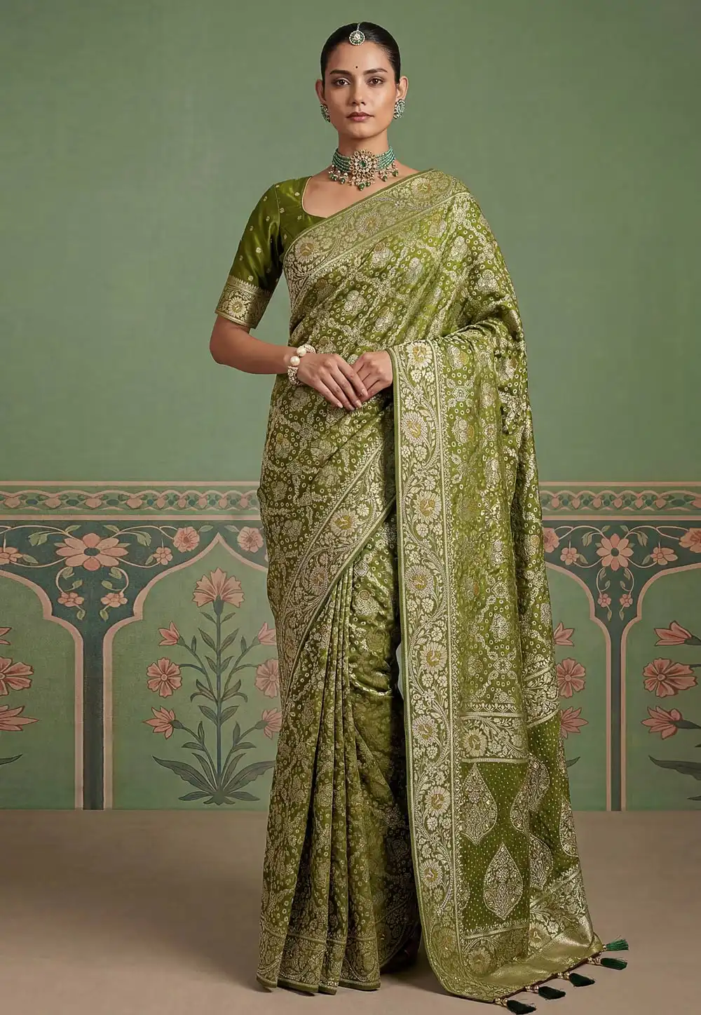 Mehndi Pashmina Saree With Blouse 328850