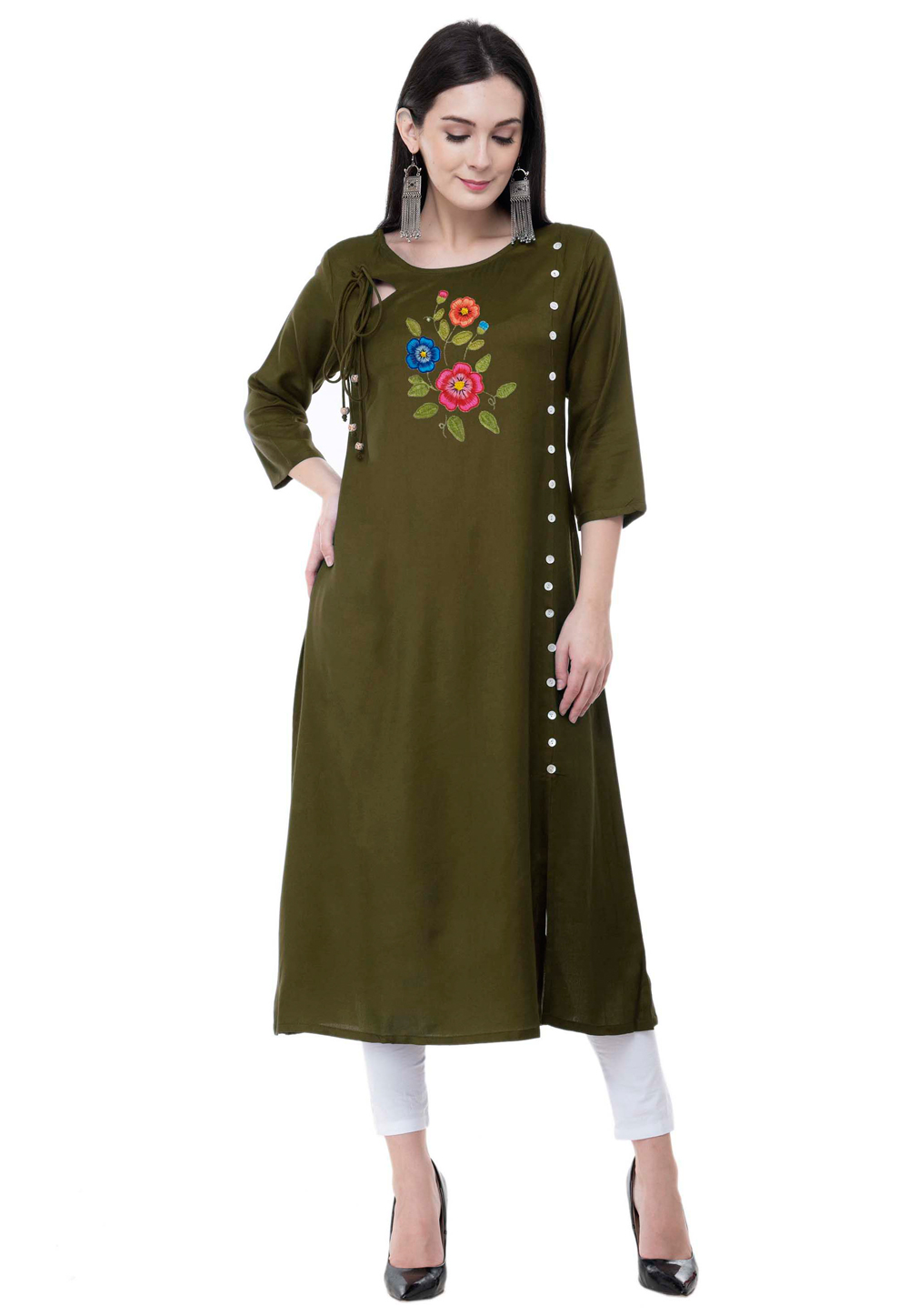 Mehndi Rayon Kurta Set With Legging 306785