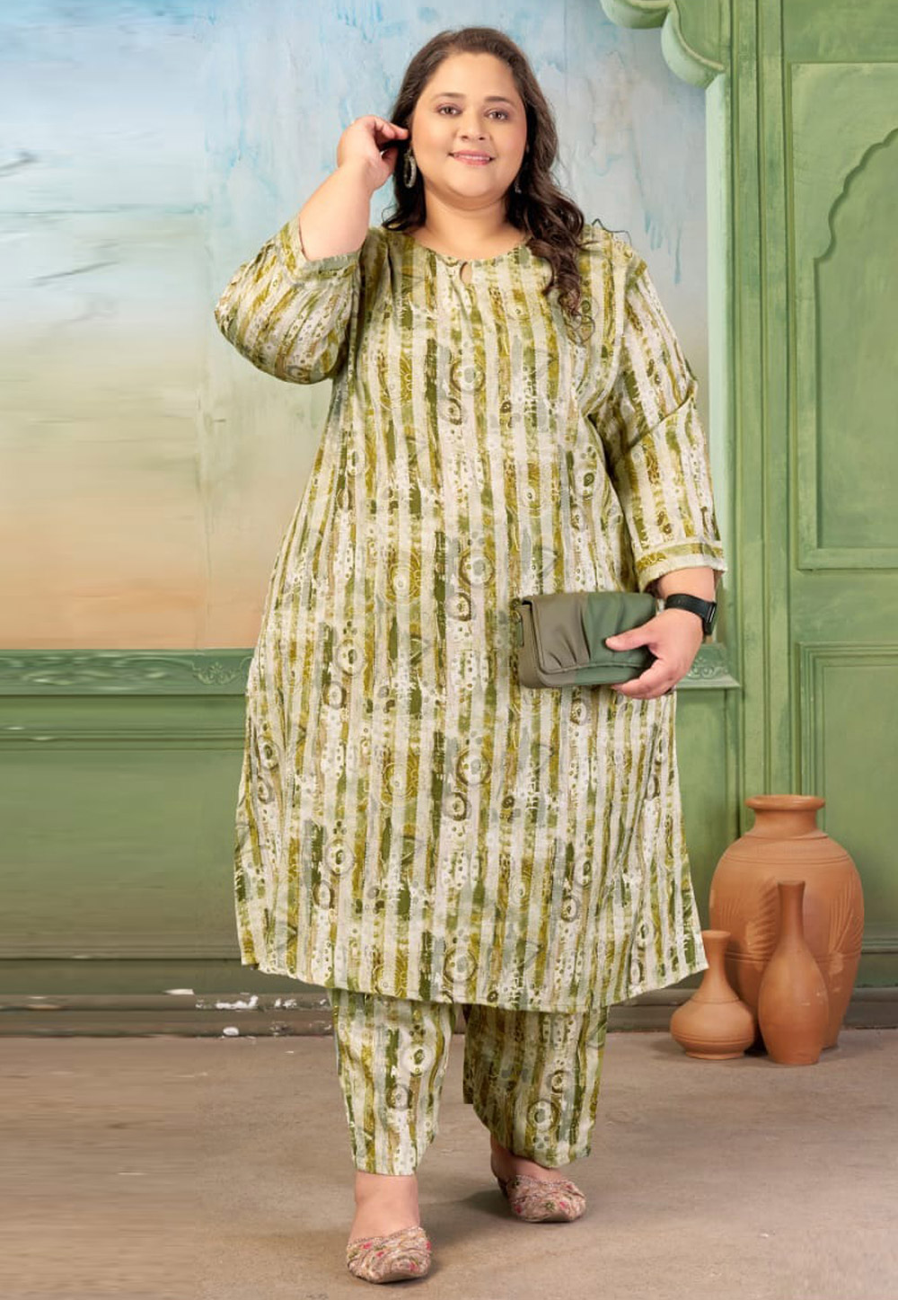 Mehndi Rayon Kurta Set With Palazzo 327729