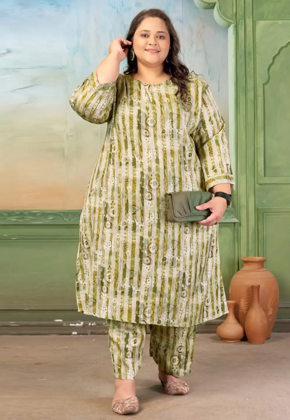 Mehndi Rayon Kurta Set With Palazzo 327729