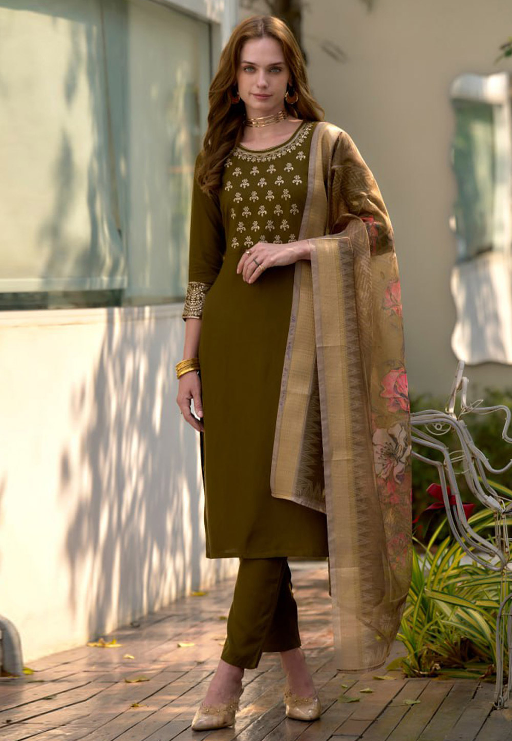 Mehndi Rayon Readymade Pakistani Suit 311997