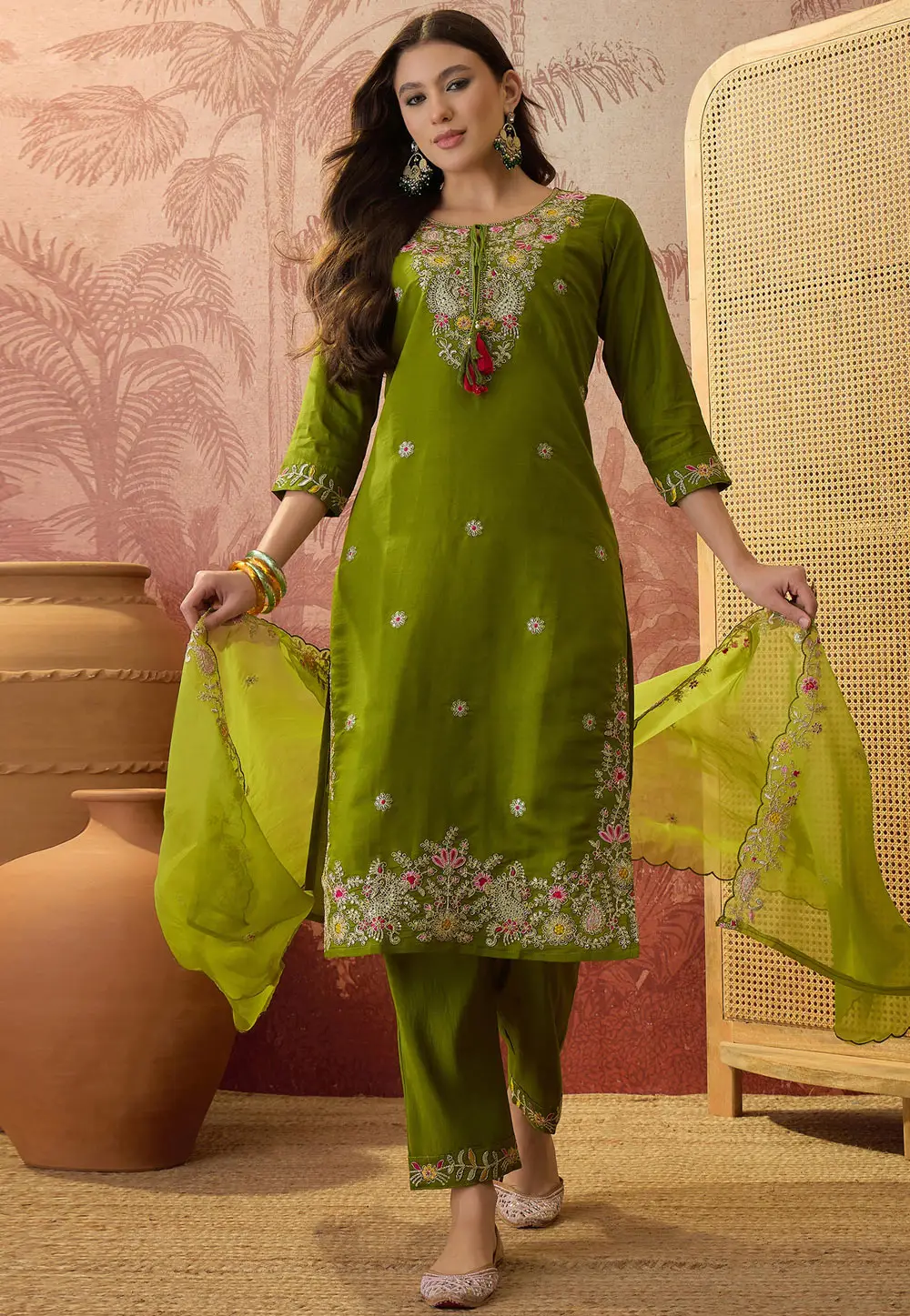 Mehndi Rayon Readymade Pant Style Suit 334433