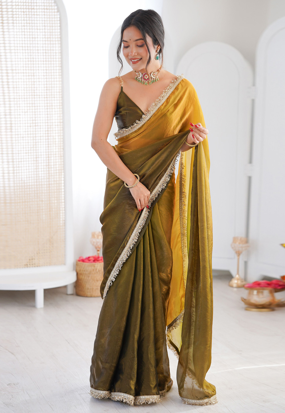 Mehndi Satin Half N Half Saree 330271