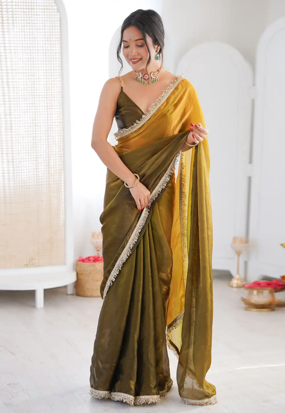 Mehndi Satin Half N Half Saree 330271