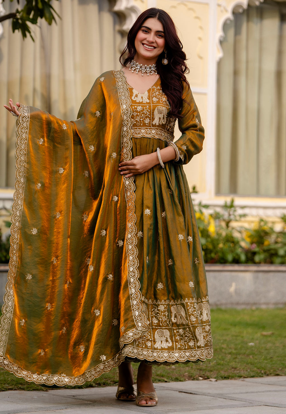 Mehndi Satin Readymade Anarkali Suit 324193