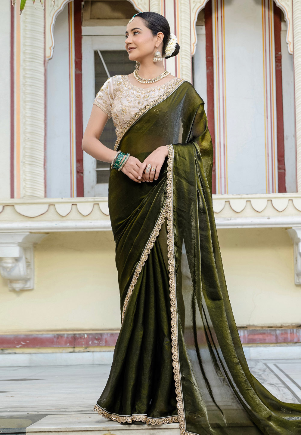 Mehndi Satin Saree With Blouse 312120