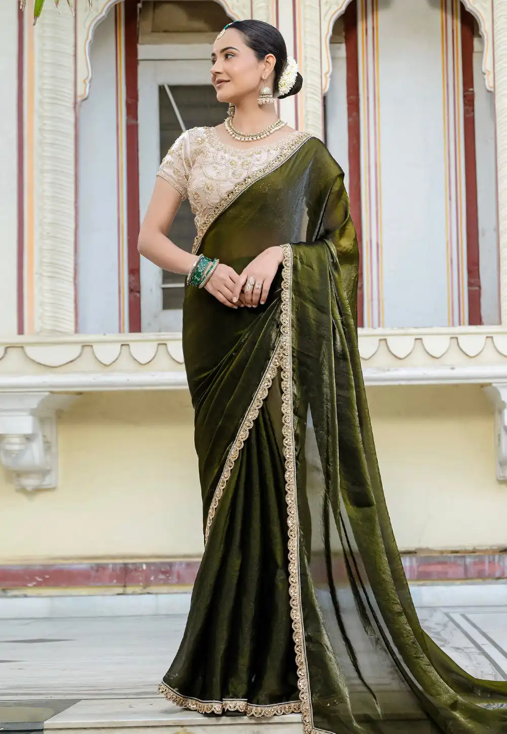 Mehndi Satin Saree With Blouse 312120