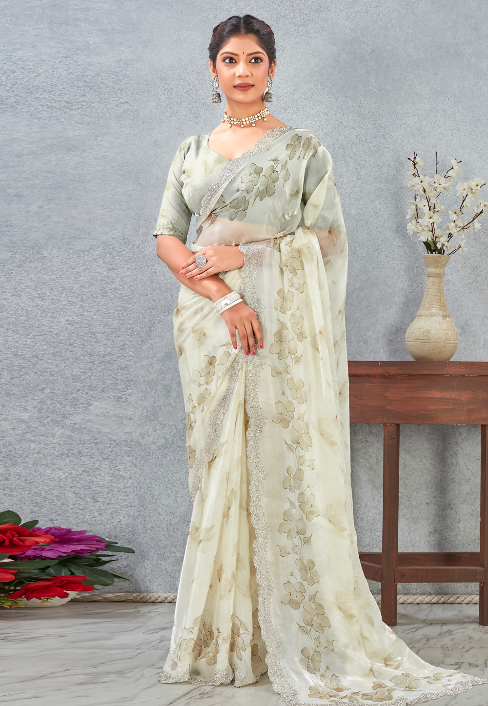 Mehndi Satin Saree With Blouse 318436