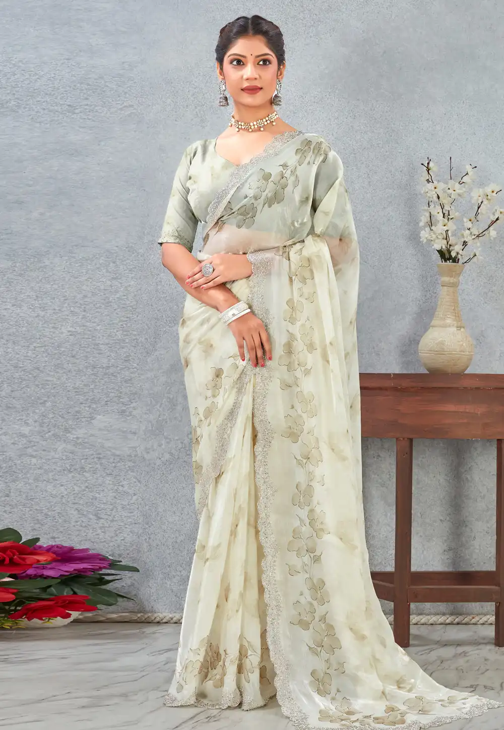 Mehndi Satin Saree With Blouse 318436
