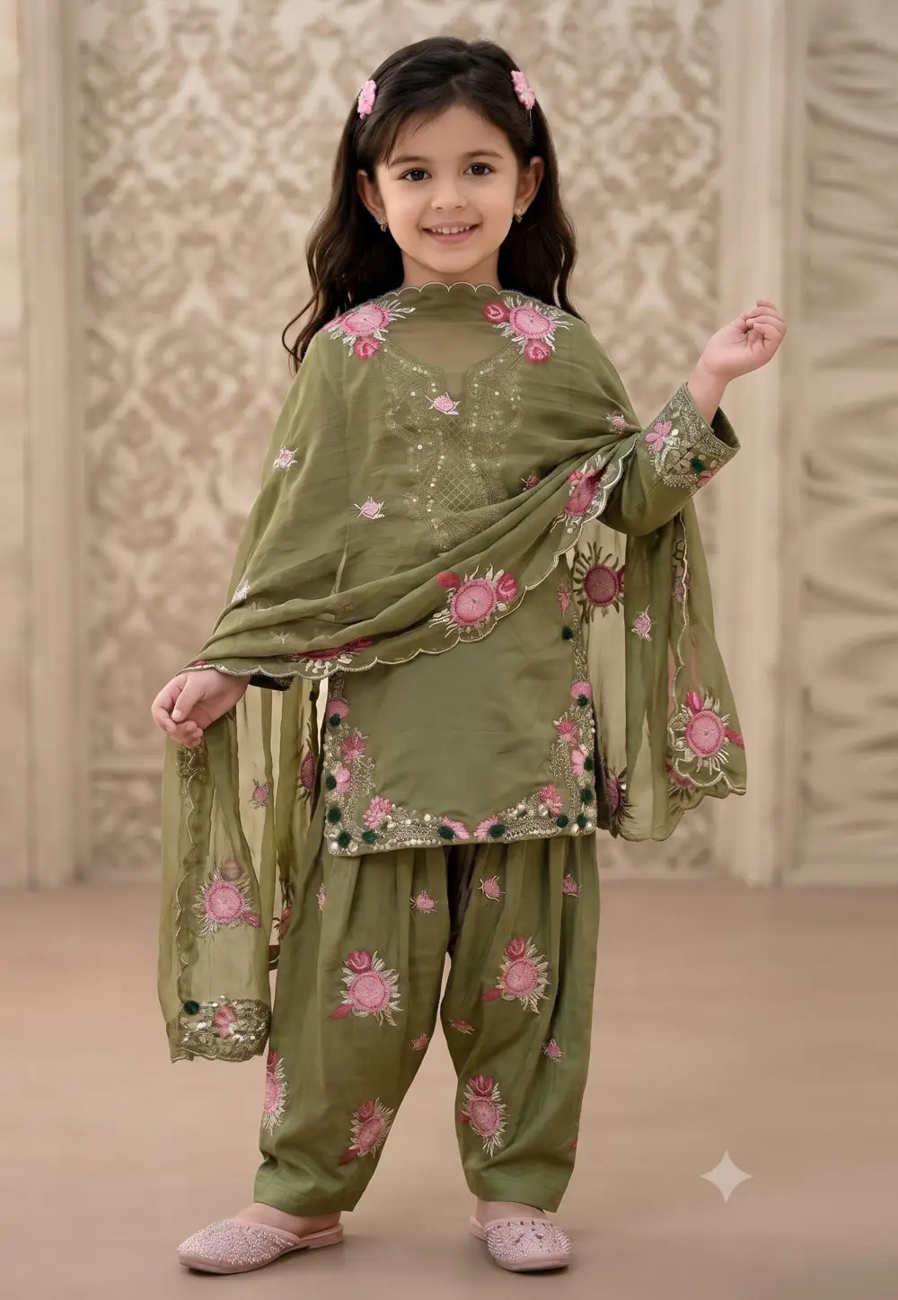 Mehndi Satin Silk Girls Salwar Suit 336856