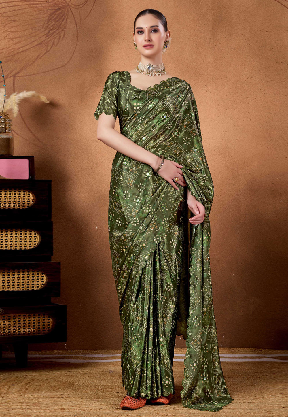 Mehndi Satin Silk Lehenga Saree 327123