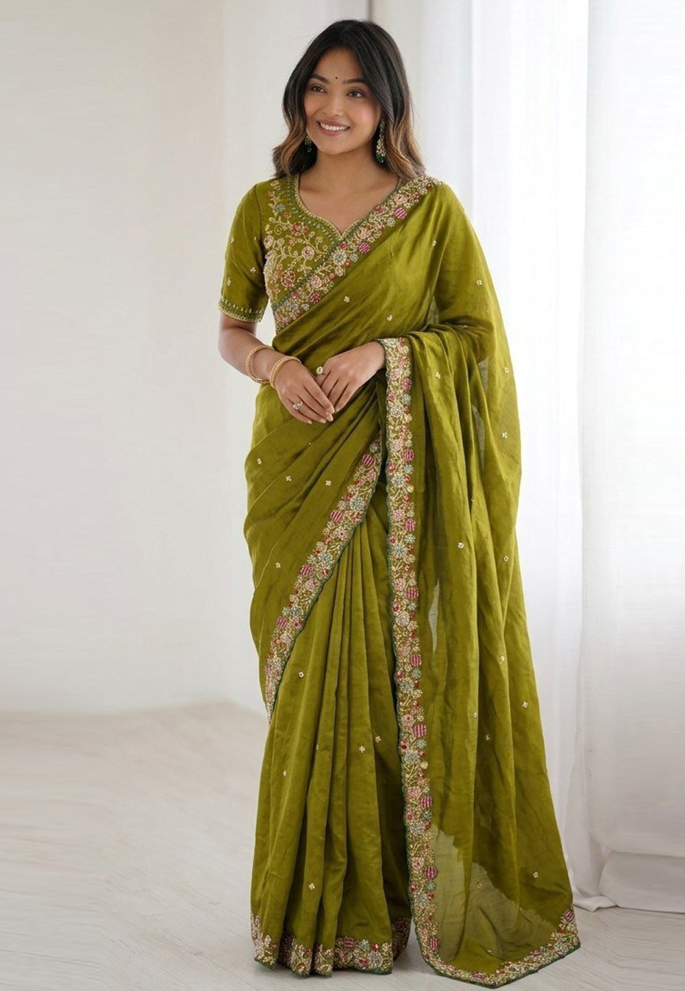 Mehndi Satin Silk Saree With Blouse 327193