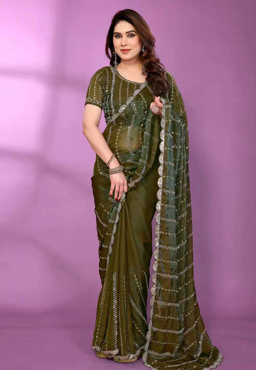 Mehndi Satin Silk Saree With Blouse 329054
