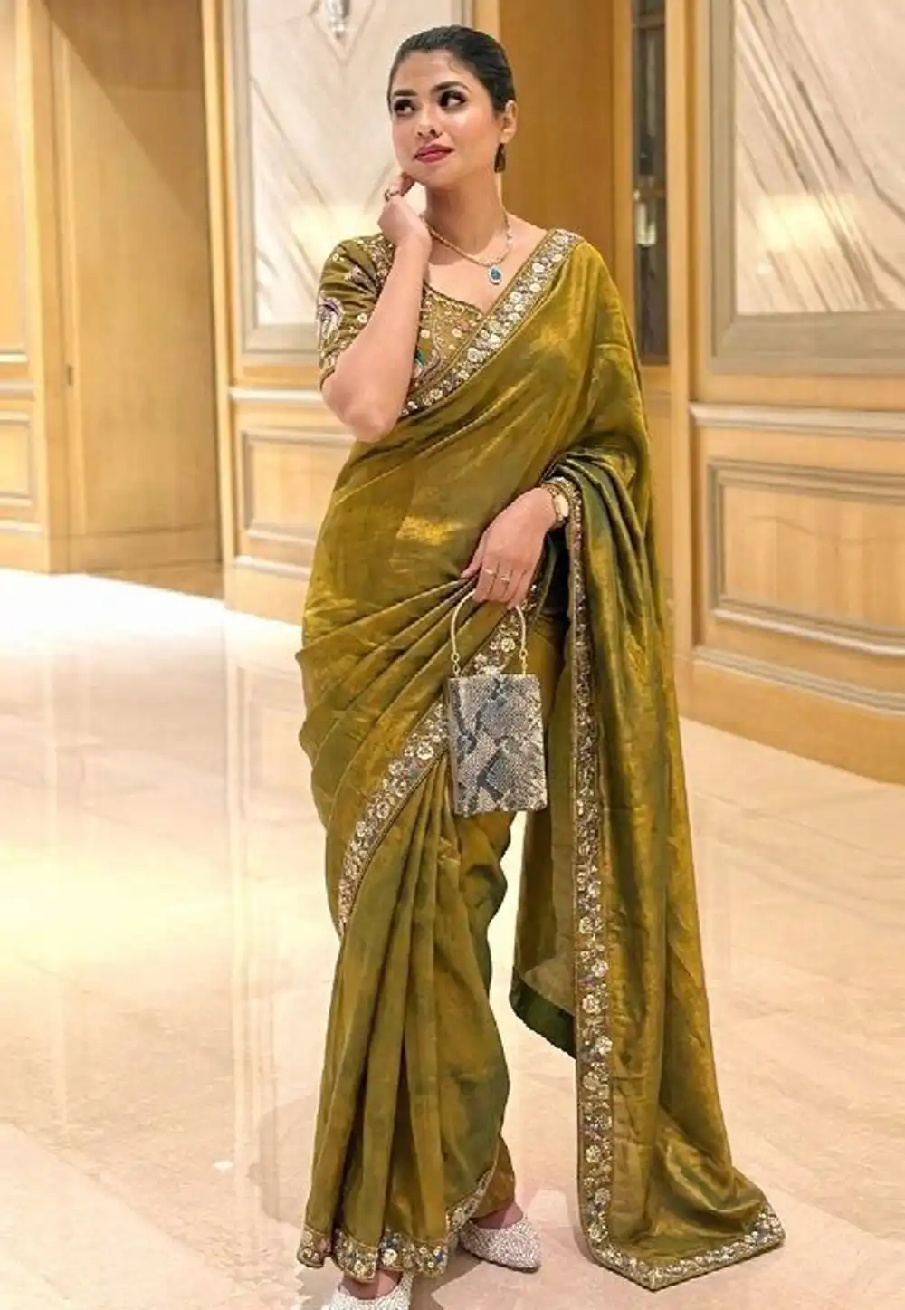 Mehndi Satin Silk Saree With Blouse 329829