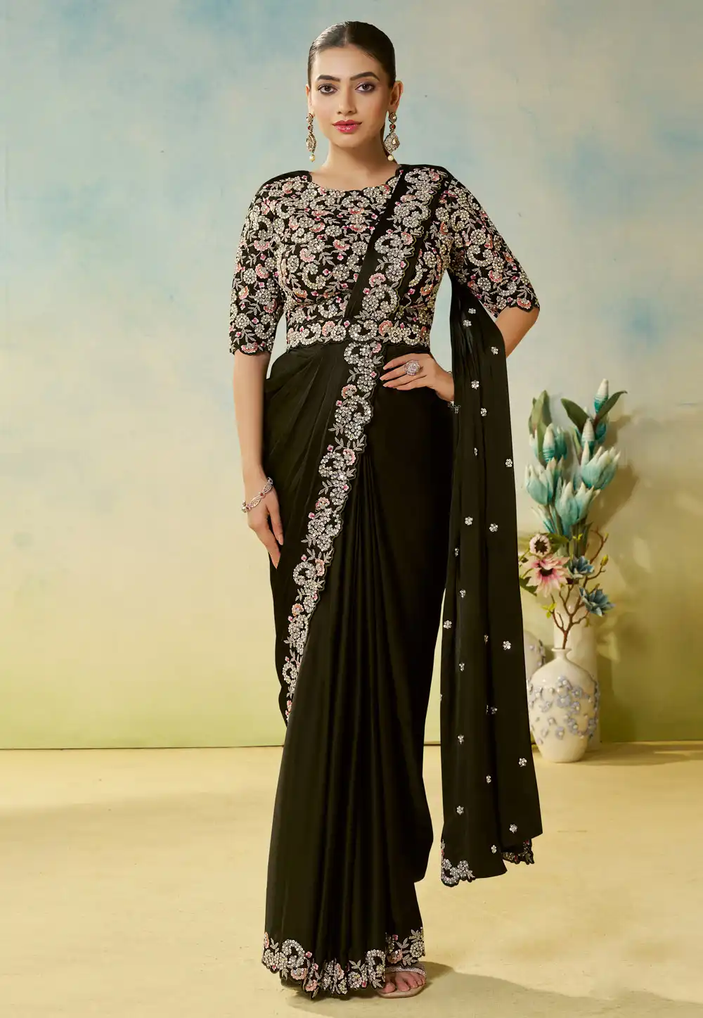 Mehndi Satin Silk Saree With Blouse 317969