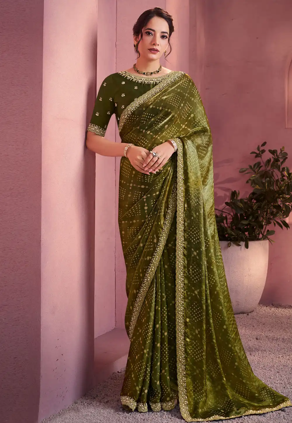 Mehndi Satin Silk Saree With Blouse 317511