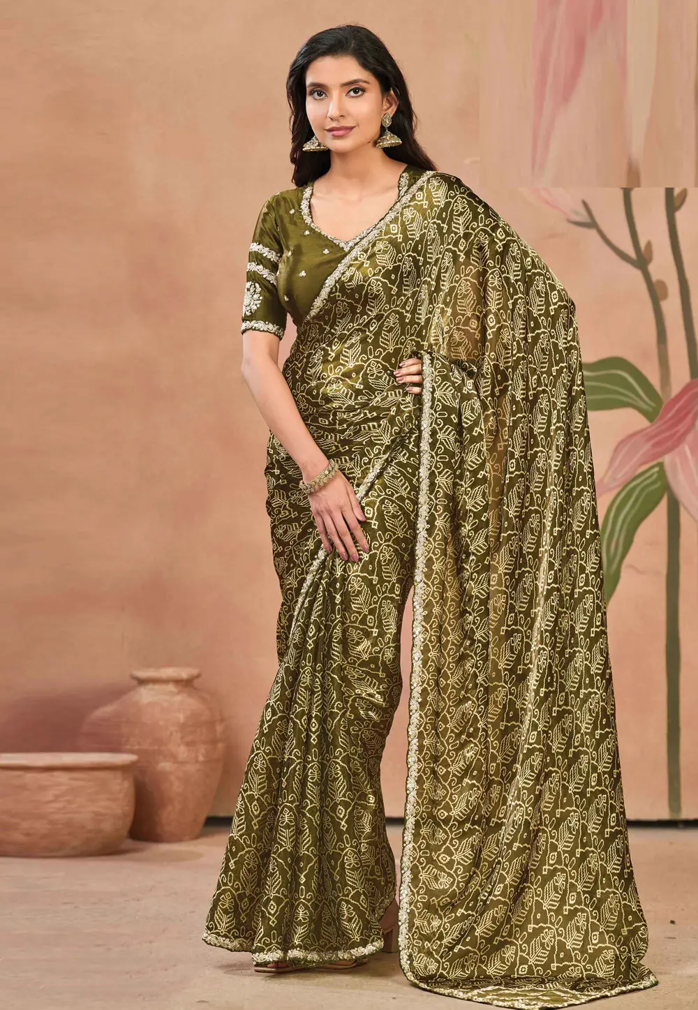 Mehndi Satin Silk Saree With Blouse 333504