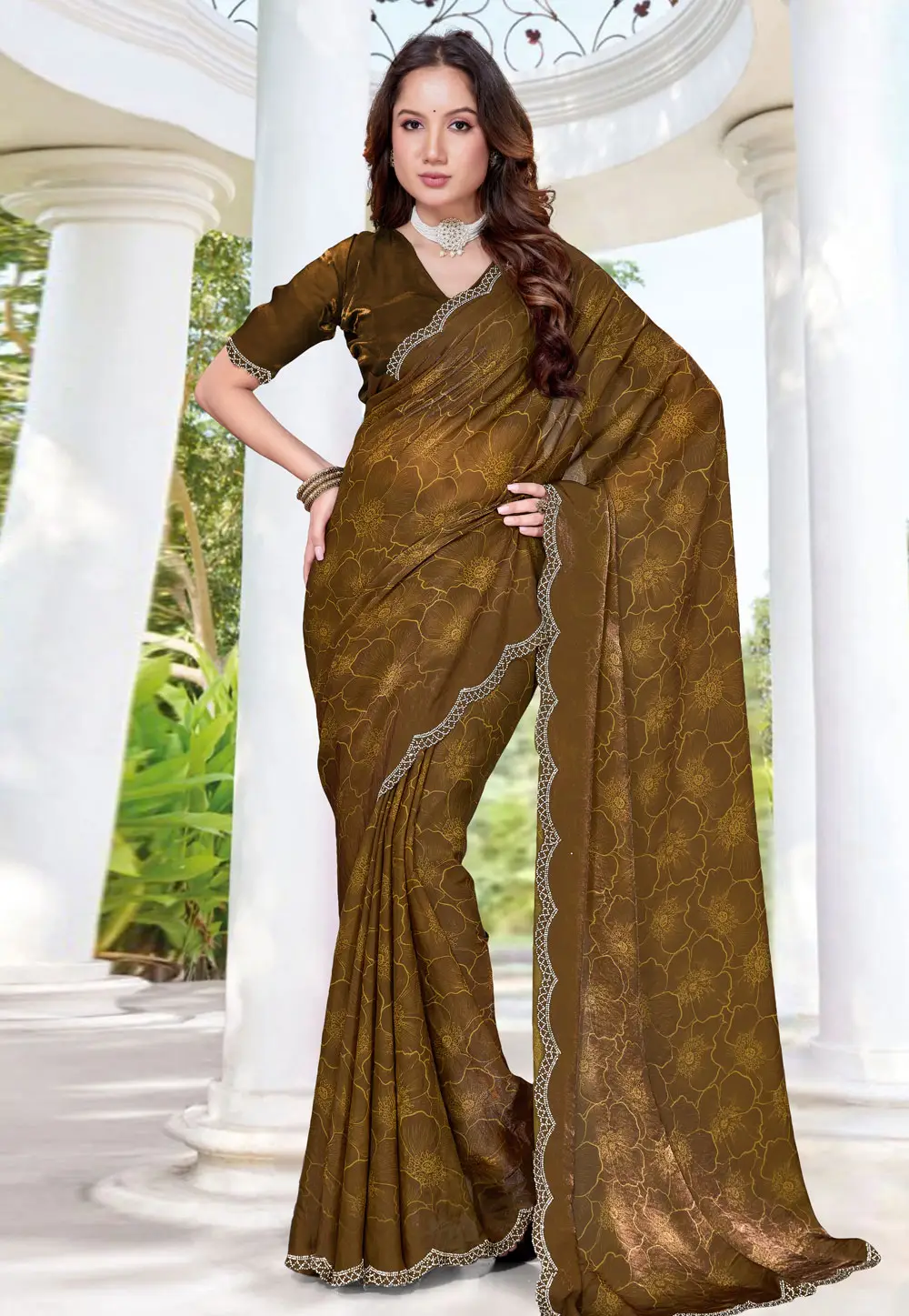 Mehndi Satin Silk Saree With Blouse 334791