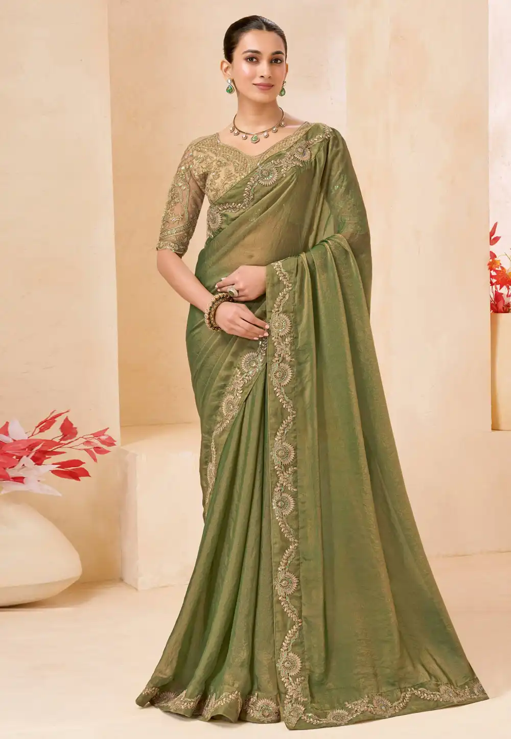 Mehndi Shimmer Georgette Saree With Blouse 327646