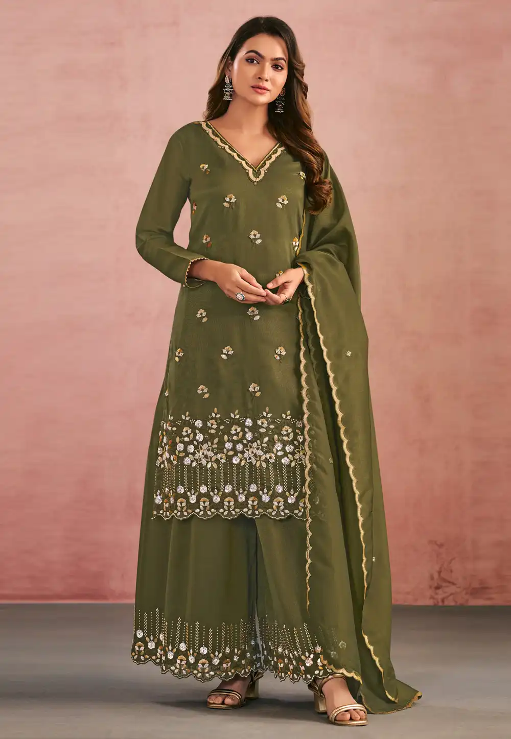 Mehndi Shimmer Palazzo Suit 318394
