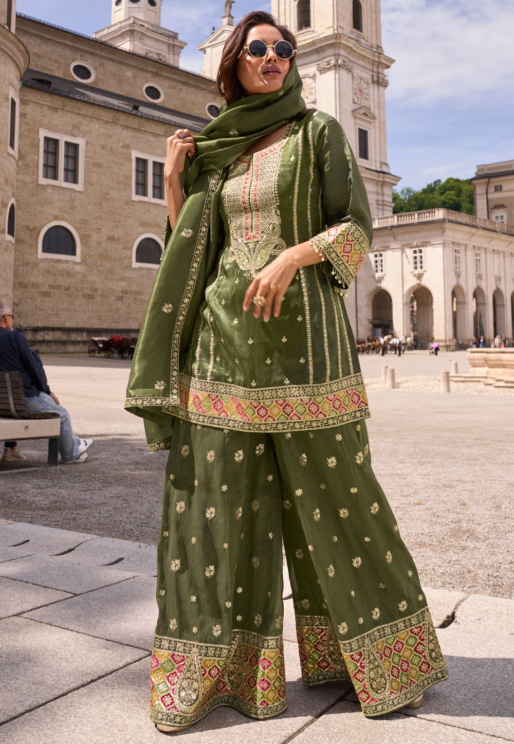 Mehndi Shimmer Palazzo Suit 318836
