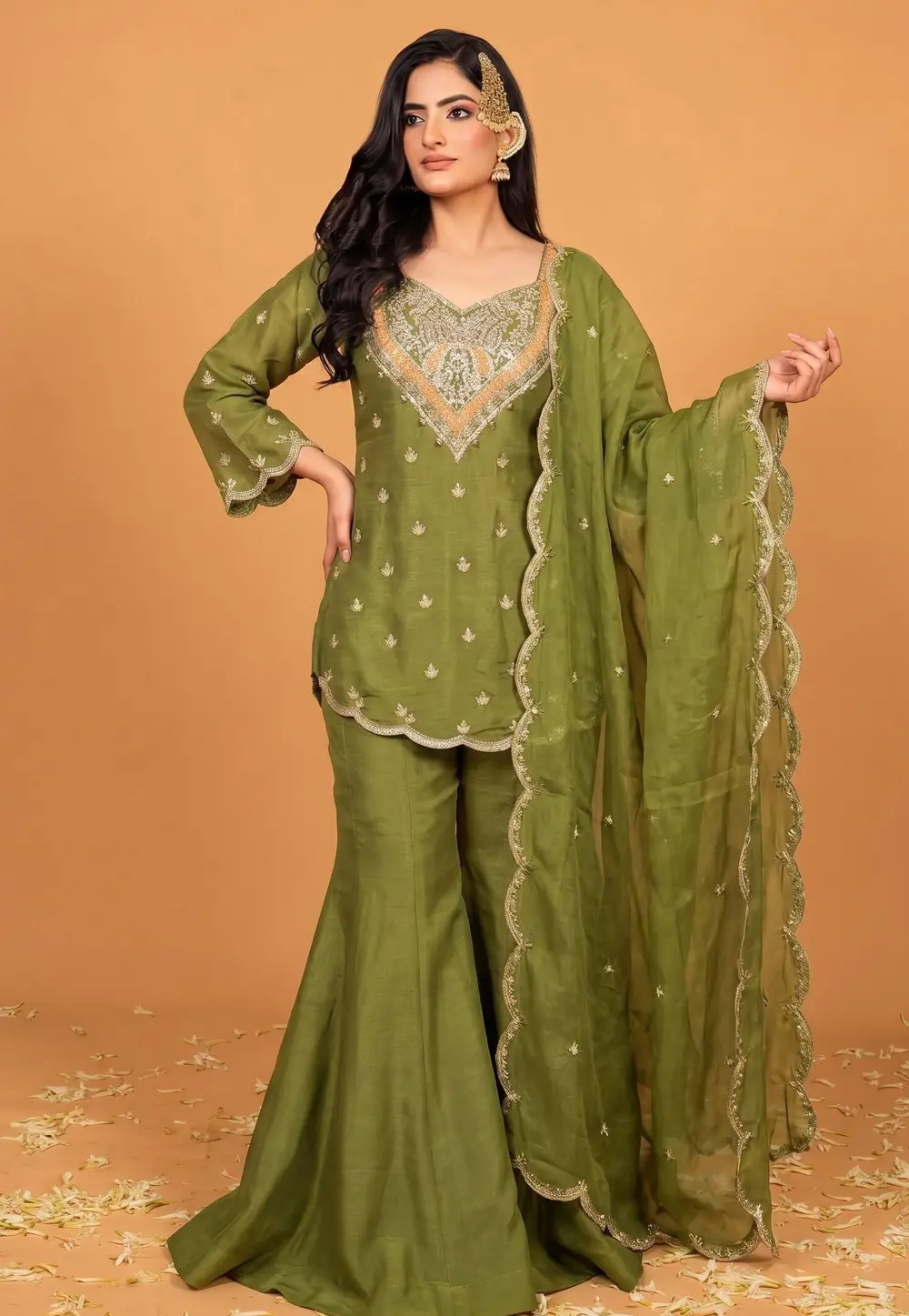 Mehndi Shimmer Readymade Gharara Suit 332011