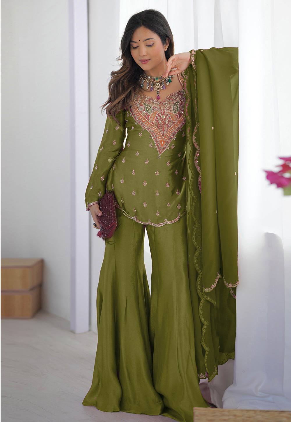 Mehndi Shimmer Readymade Palazzo Suit 327009