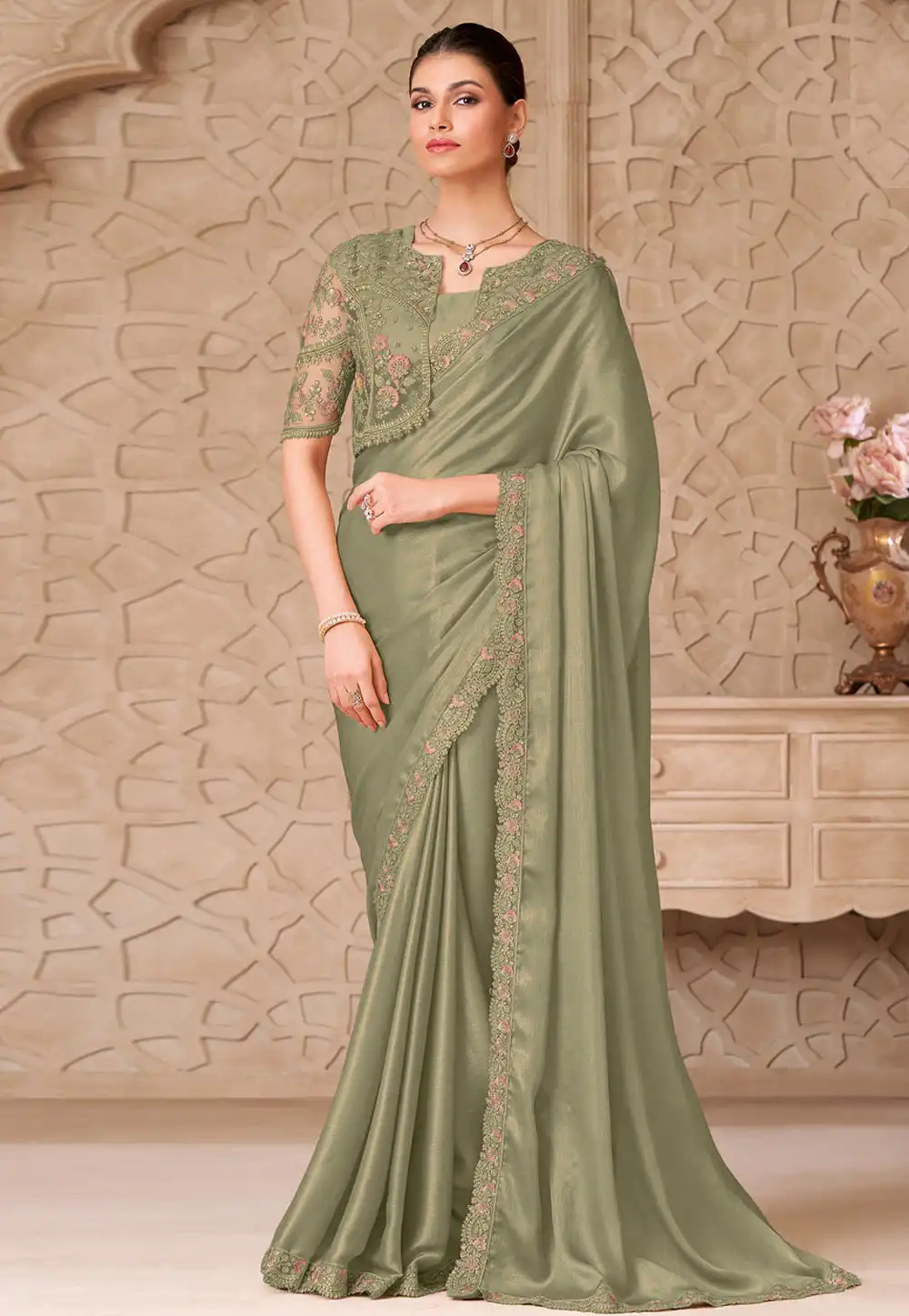 Mehndi Shimmer Saree With Blouse 325762