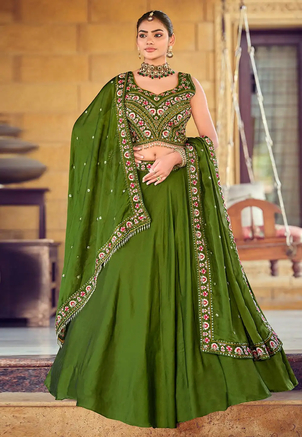 Mehndi Silk A Line Lehenga Choli 318841