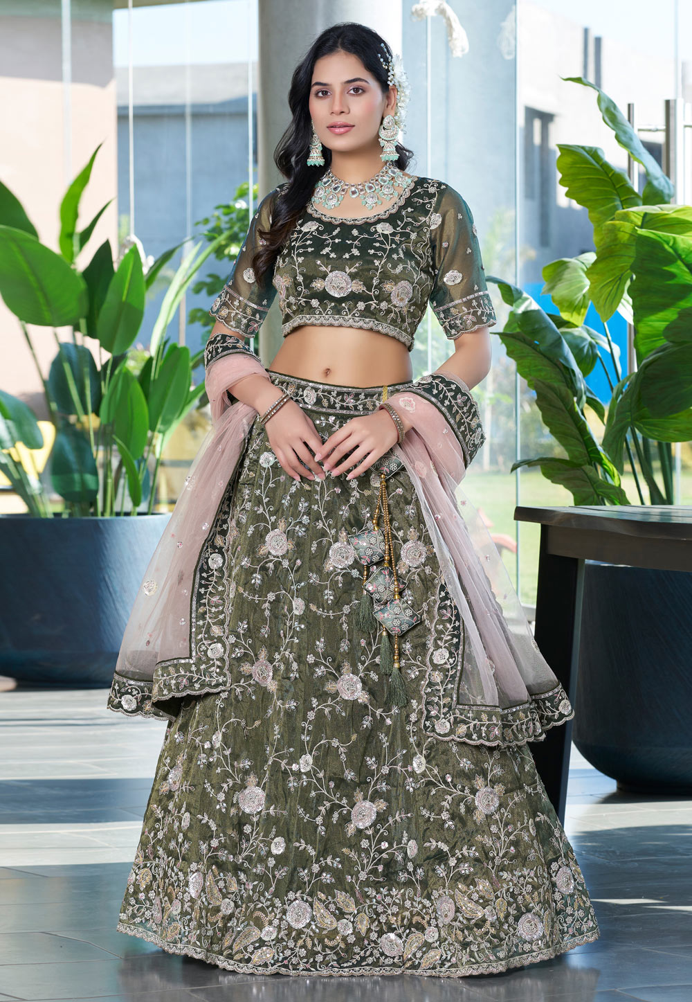 Mehndi Silk A Line Lehenga Choli 306884